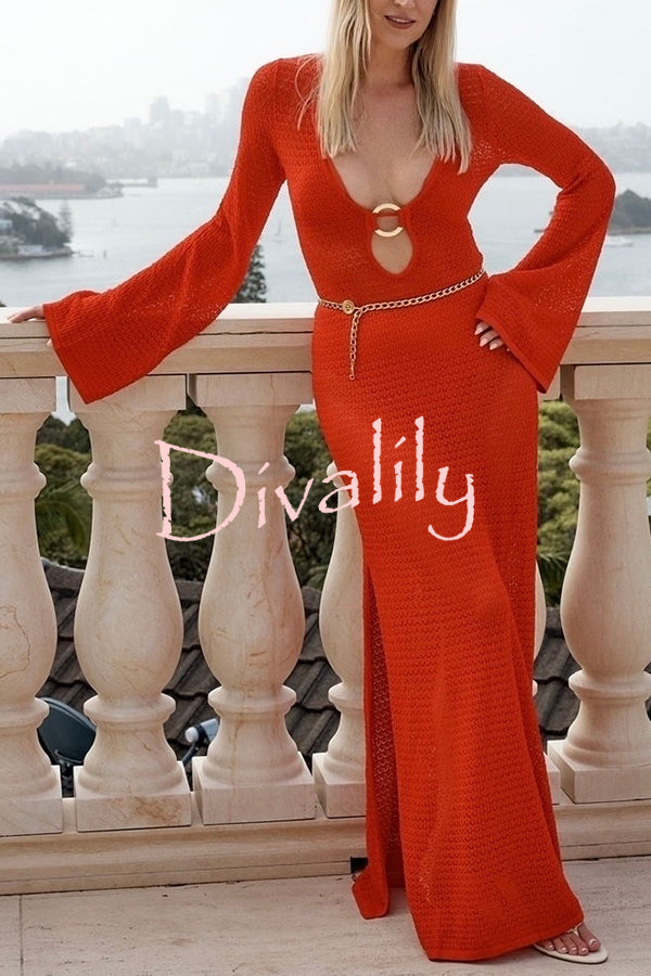 Seaside Goddess Crochet Knit Hollow Out Golden Ring Long Sleeve Cover-up Maxi Dress