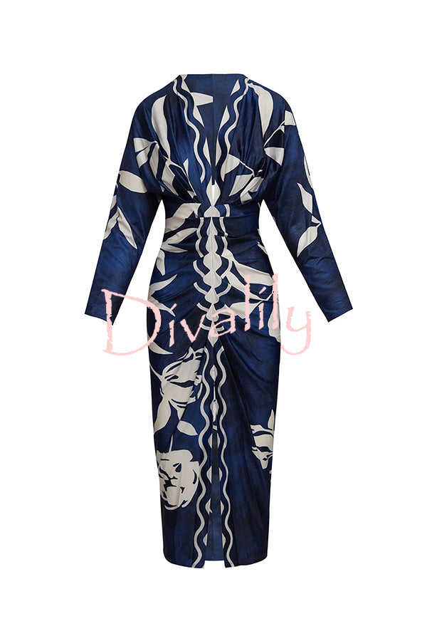 Caliana Unique Print Dolman Long Sleeve Ruched Slit Midi Dress