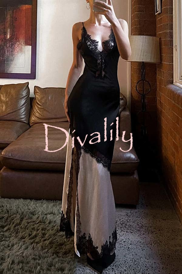 Soft and Romantic Satin Lace Trim Colorblock V-neck Side Slit Maxi Dress