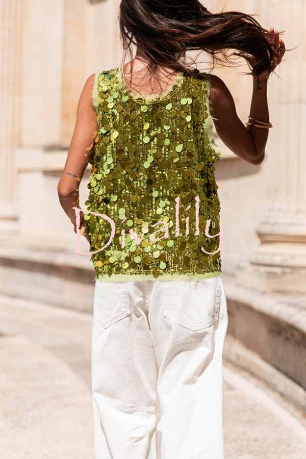 Fashionable Sequined Round Neck Sleeveless Loose Vest