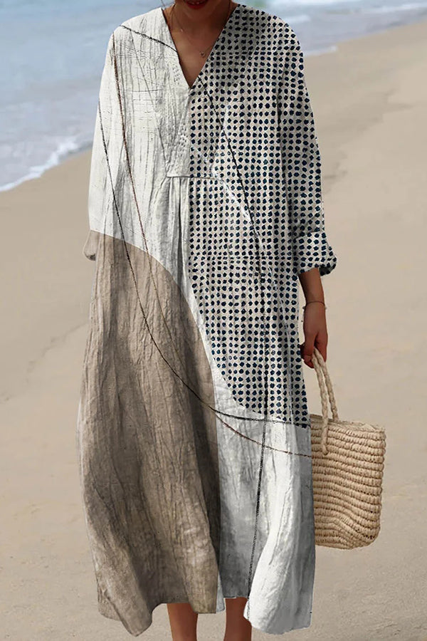 Line Spot Print V-Neck Long Sleeve Loose Midi Dress