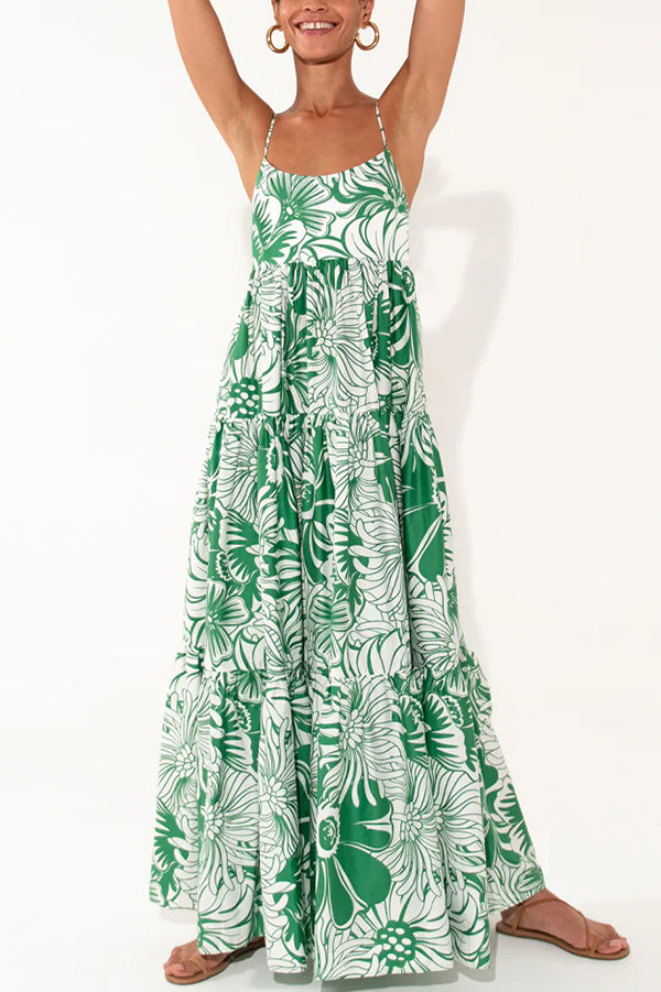 Botanical Floral Print Sexy Sling Backless Maxi Dress