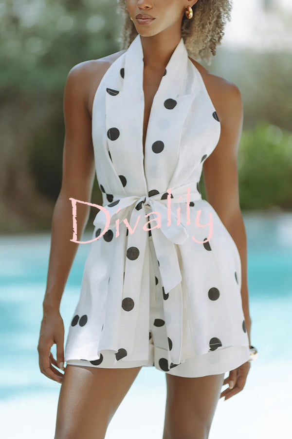 Gabby Linen Blend Polka Dot Tie-up Lapel Halter Vest and Metal Ring Belt Loose Shorts Set