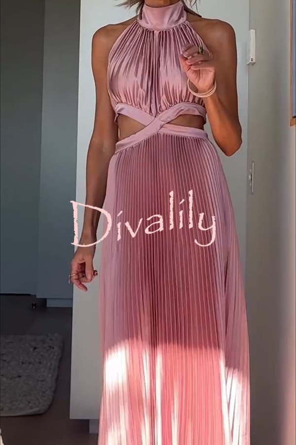 Stunning Choice Satin Pleated Halter High Neck Cutout Waist Backless Maxi Dress