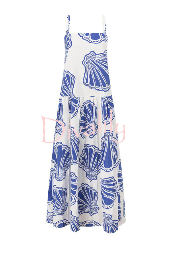 Linen Blend Shell Print Loose Strappy Resort Style Maxi Dress