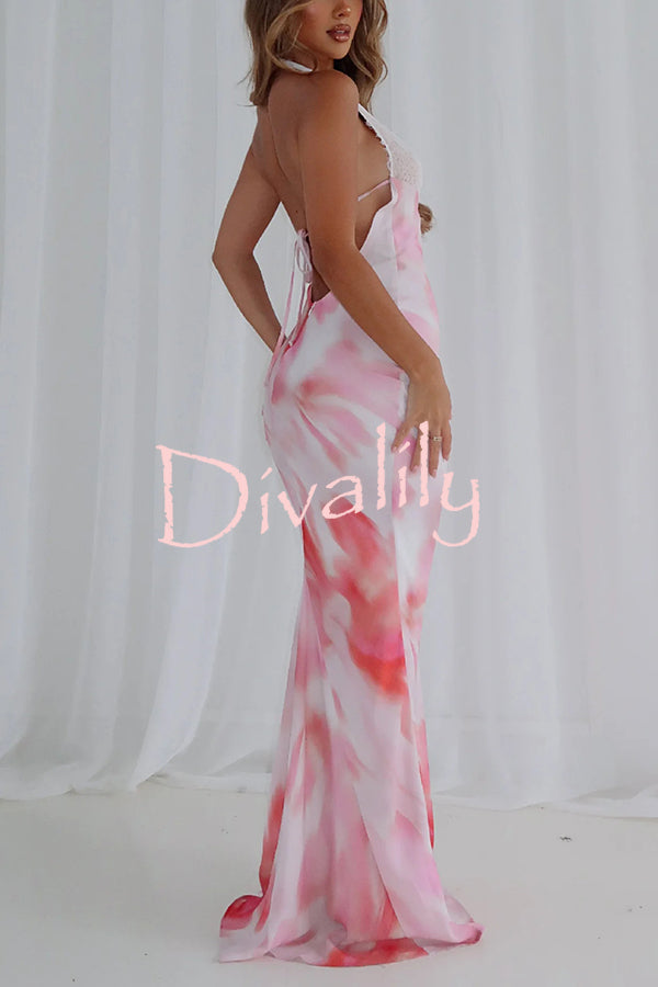 Fashion Printed Halter Neck Backless Lace-Up Sexy Slim Maxi Dress