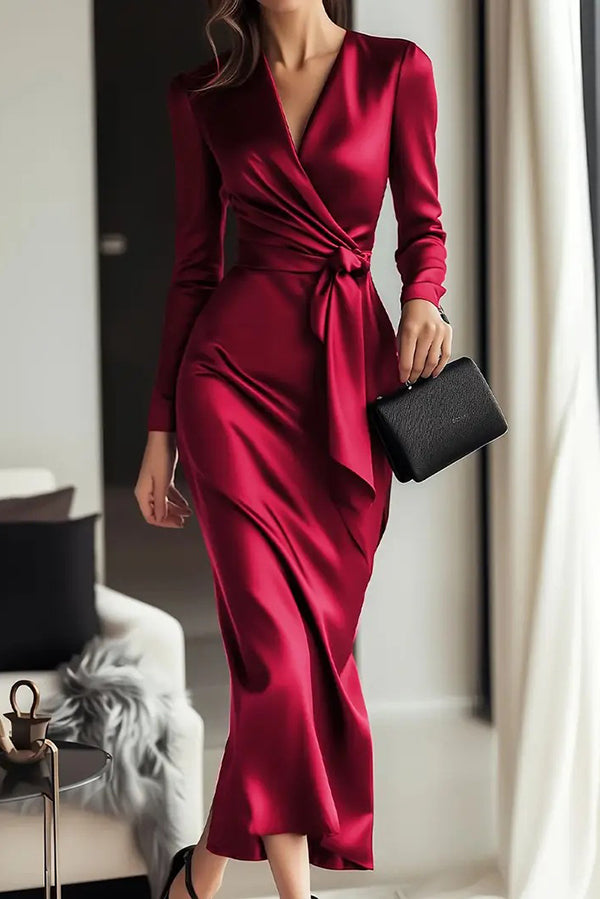 Solid Color Satin V-neck Long Sleeve Waist Tie Slim Midi Dress