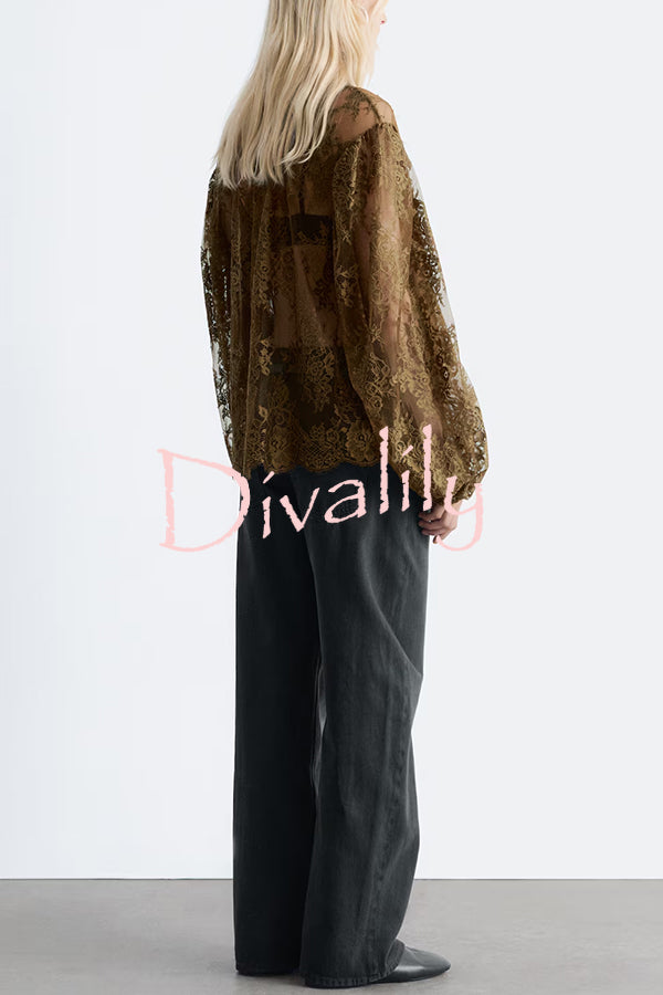 Reigna Semi-sheer Floral Lace Bow Neck Balloon Sleeve Loose Blouse