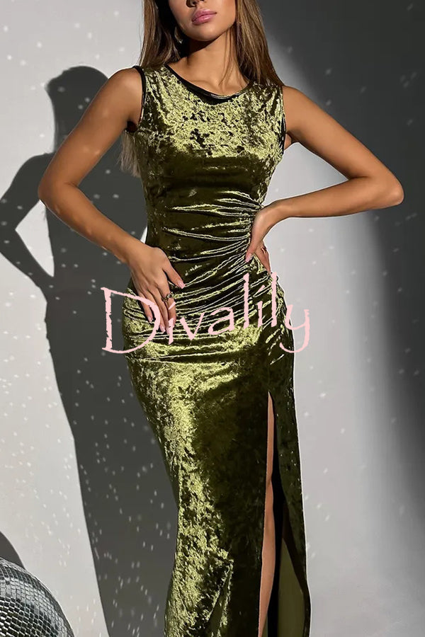 Solid Color Velvet Round Neck Sleeveless Slim Slit Maxi Dress
