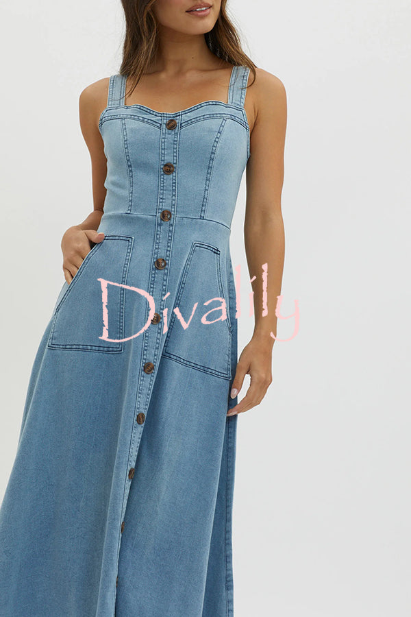 Solid Color Suspender Pocket Button Slim Denim Midi Dress