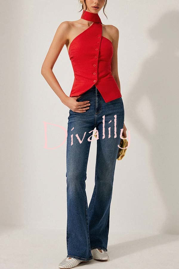 Rima Linen Blend Asymmetric Halter Neck Button Smocked Vest