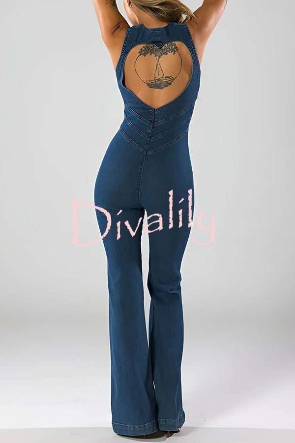 Fashionable Heart Hollow Back Slim High Waist Flared Denim Jumpsuit