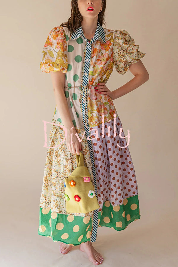Linen Blend Unique Print Lapel Puff Sleeve Casual Midi Dress