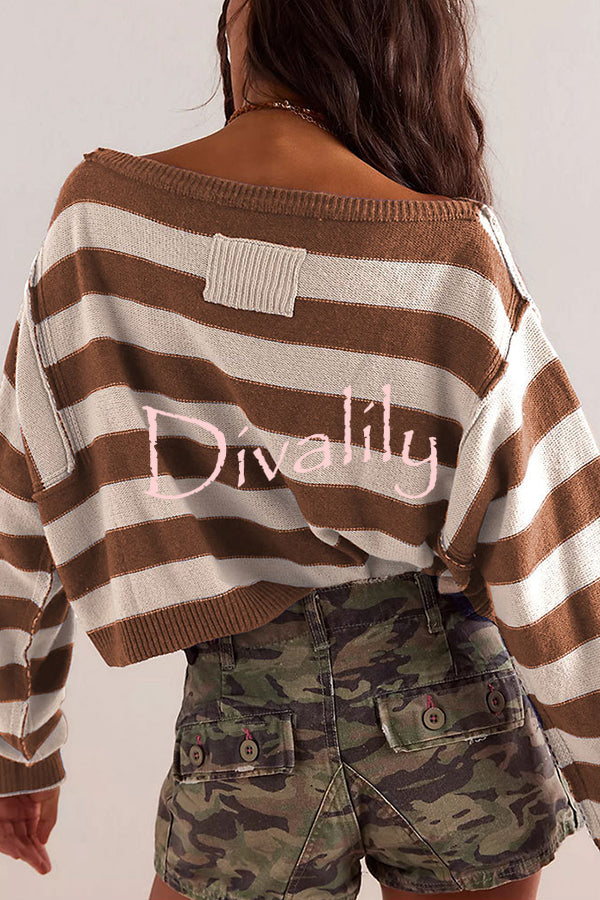 Striped Print Crew Neck Long Sleeve Loose Knitted Sweater