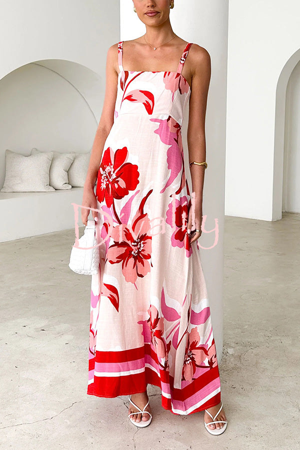 Floral Print Strap Square Neck Large Hem Maxi Dress