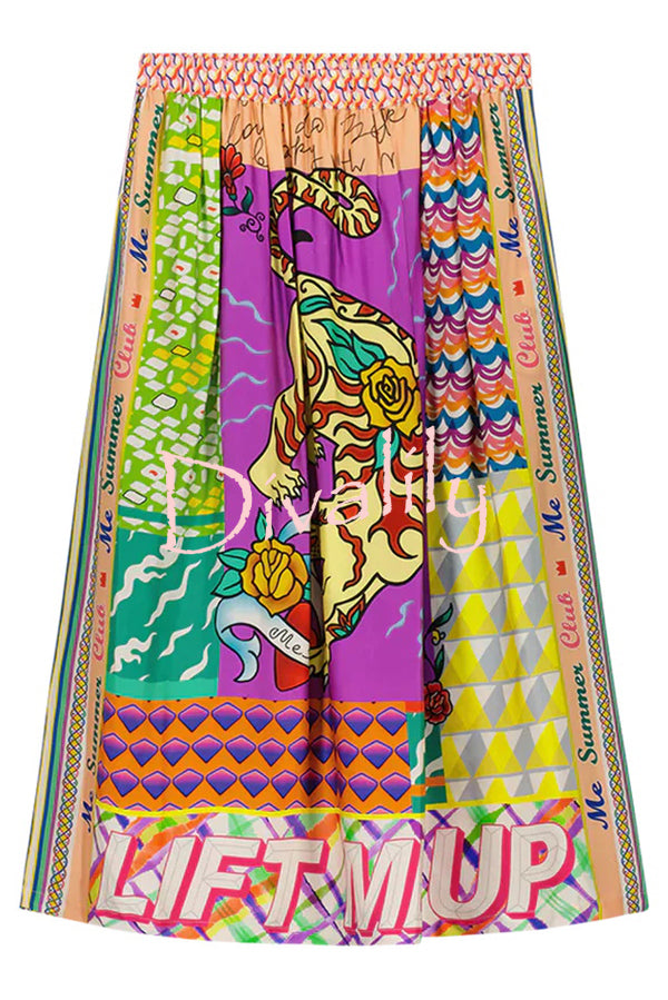 Boho Chic Satin Colorful Unique Print Elastic Waist Pocket Vacation Midi Skirt