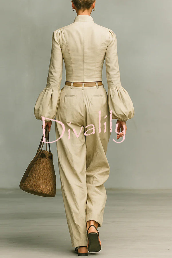 Linen-blend Long-sleeved Button-down Top and Relaxed-pocket Wide-leg Pants Set