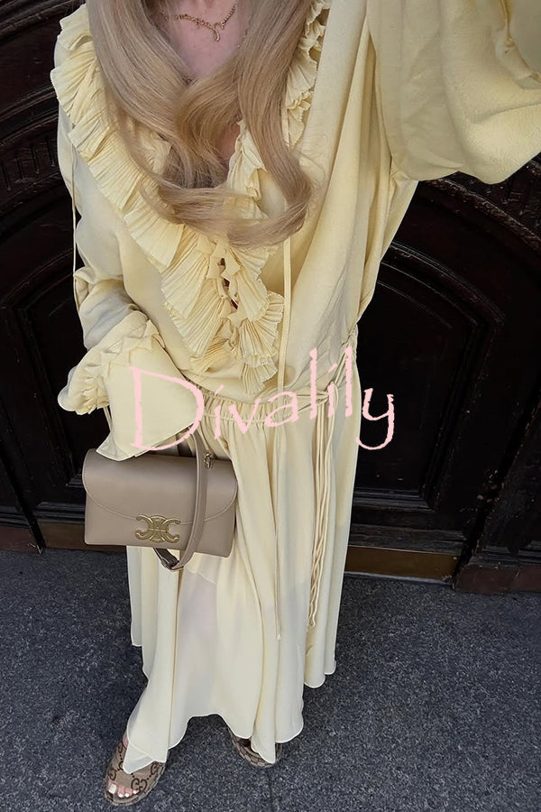Solid Color Pleated Ruffled Tie Long Sleeve Loose Shirt