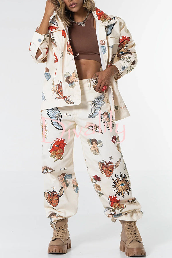 Angel Wings Denim Unique Print Button Up Long Sleeve Pocketed Relaxed Jacket
