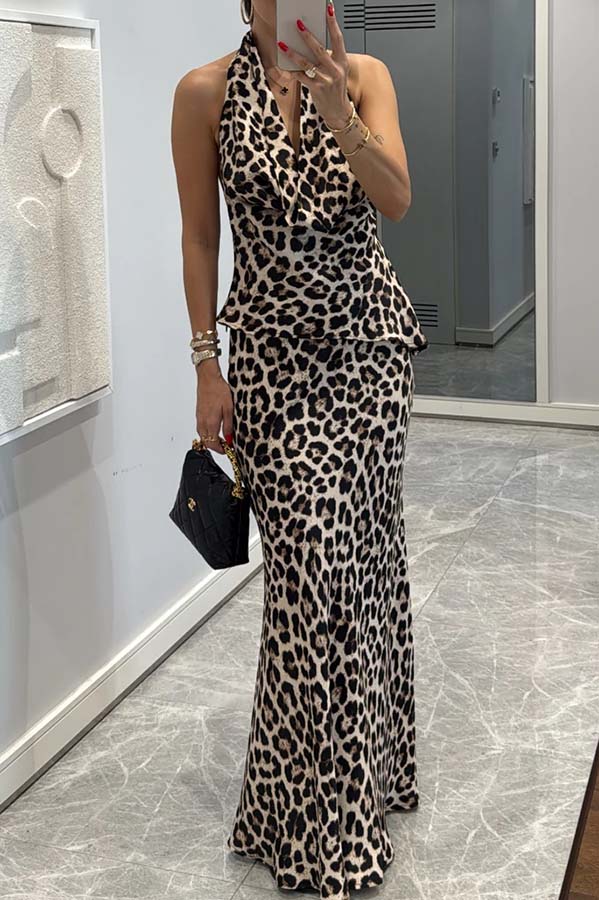 Wild Sexy Leopard Print Halter Cowl Neck Top and Elastic Waist Flare Maxi Skirt Set