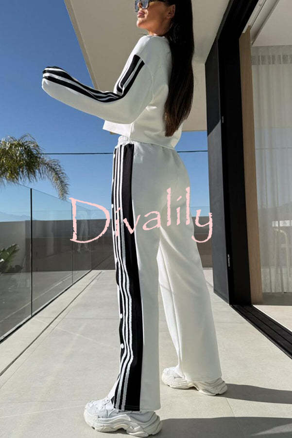 Sporty Chic Striped Patchwork Sweatshirt and Elastic Waist Side Button Up Loose Pants Set