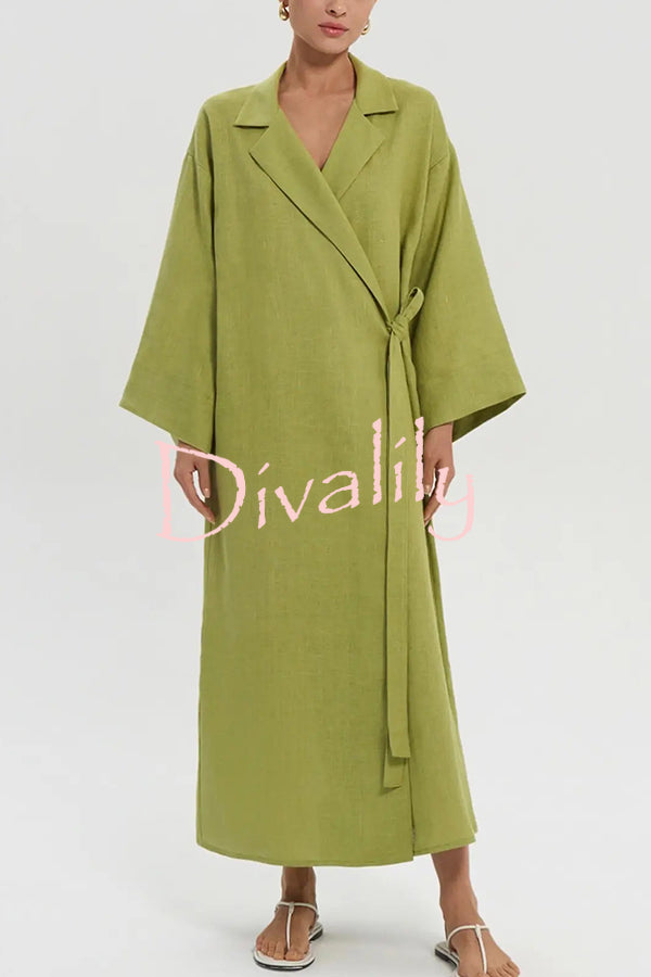Linen Blend Solid Color Casual Lapel Tie Loose Maxi Dress