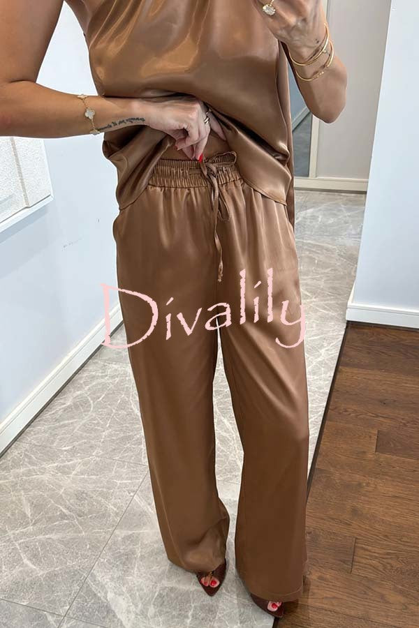Kelson Satin Drape Neck One Shoulder Top and Elastic Waist Pocket Loose Pants Set