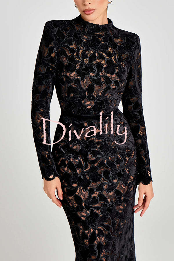 Diane Velvet Embroidered Floral Lace Long Sleeve Belt Scallop Edge Midi Dress