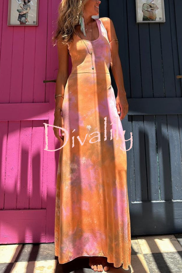 Summer Adventures Tie-dye Print Back Lace-up Stretch Maxi Dress