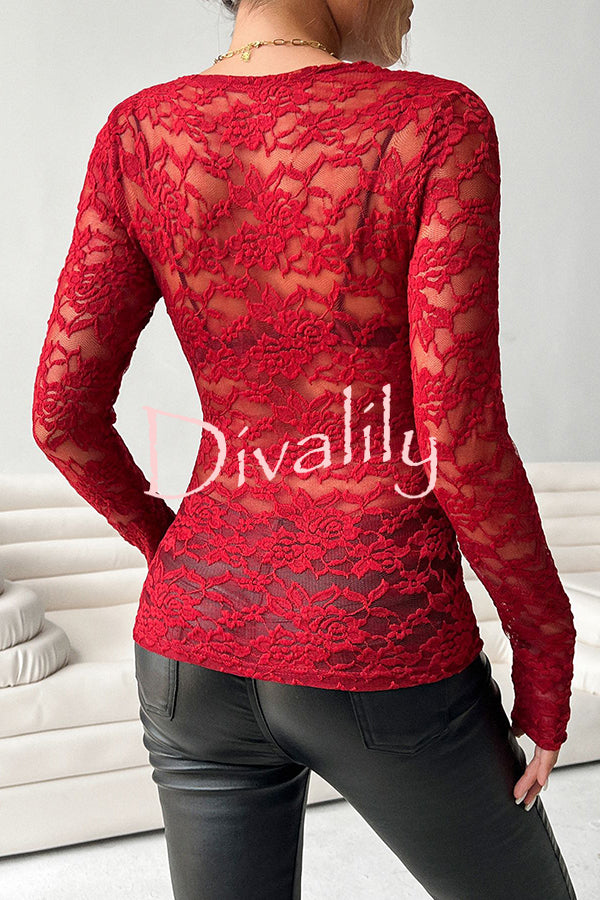 Solid Color Lace V-neck Long-sleeved Slim-fit Top