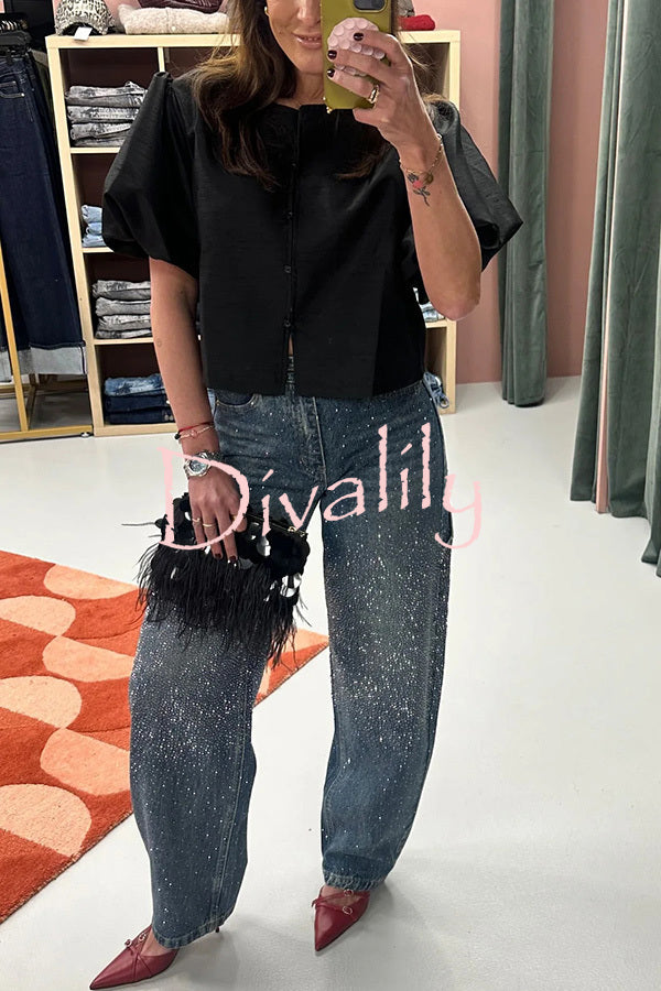 Fashionable Rhinestone Mid-rise Loose Pocket Straight Jeans