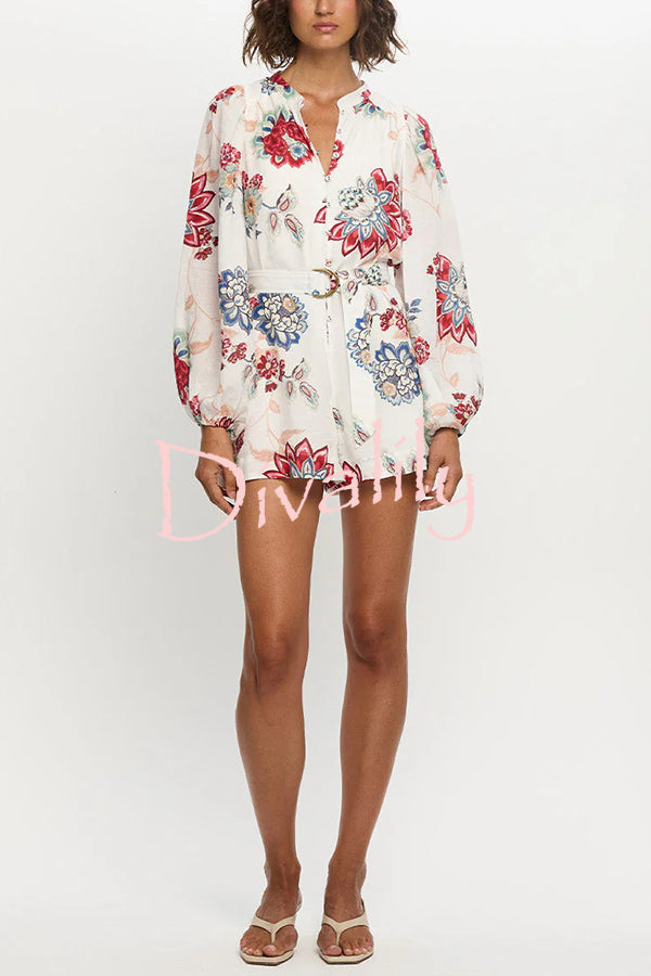 Floral Print Elegant Long Sleeve Waist Tie Casual Rompers