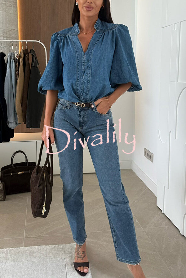 Fashion V-neck Button-down Lantern Sleeve Casual Denim Shirt