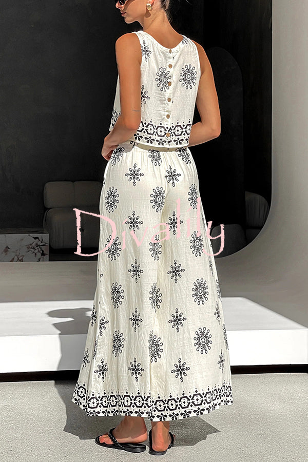 Unique Printed Round Neck Sleeveless Button Top and Elastic Waist Pocket Wide Leg Pants Set