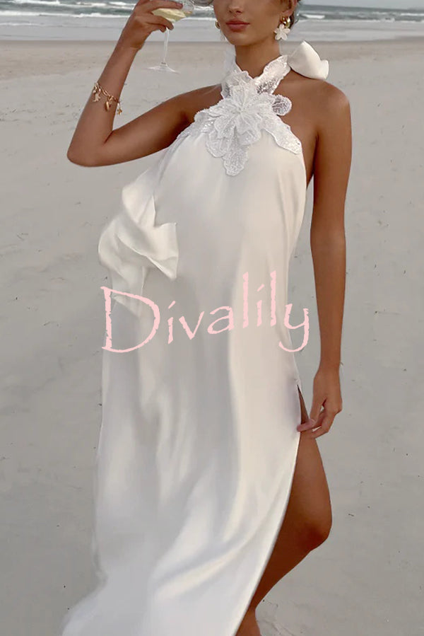 Floral Embellished Satin Halterneck Backless Resort Maxi Dress