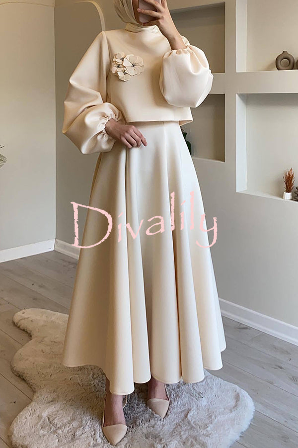 Solid Color Flower-embellished Lantern Sleeve Loose Top and Casual Maxi Skirt Set