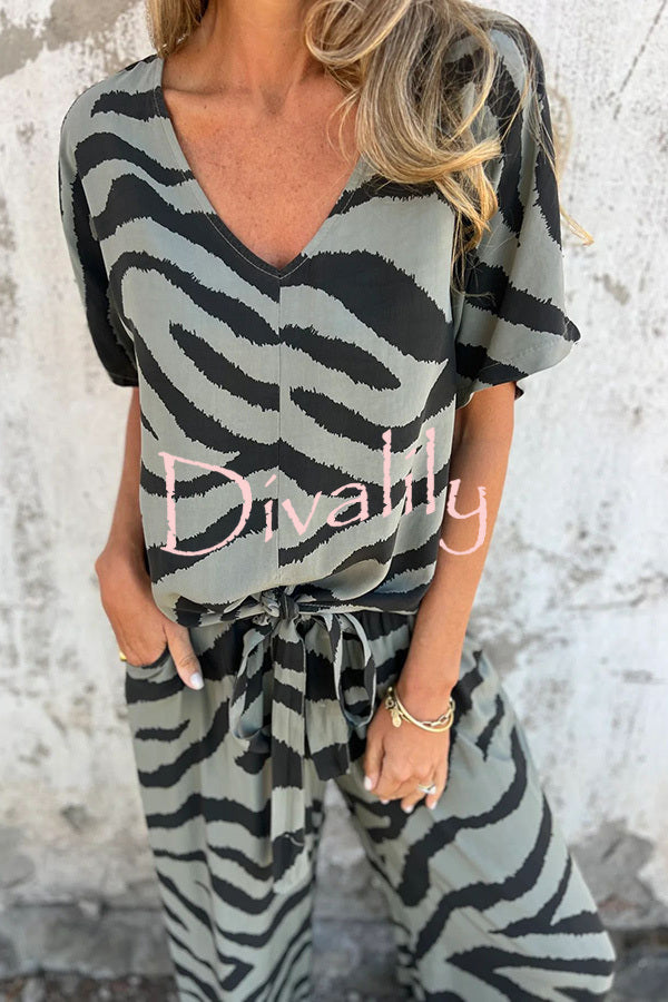 Zebra Print V-neck Short-sleeved Lace-up Top and Elastic Waist Pocket Straight-leg Pants Set