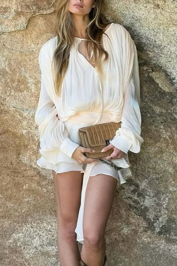 Solid Color Long-sleeved Belted Asymmetrical Mini Dress and Elastic Waist Casual Shorts Set