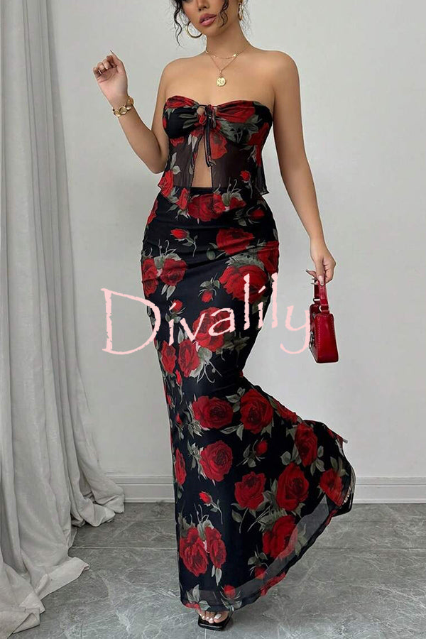 Floral Print Sexy Bandeau Lace-up Top and Slim Mesh Stretch Maxi Skirt Set