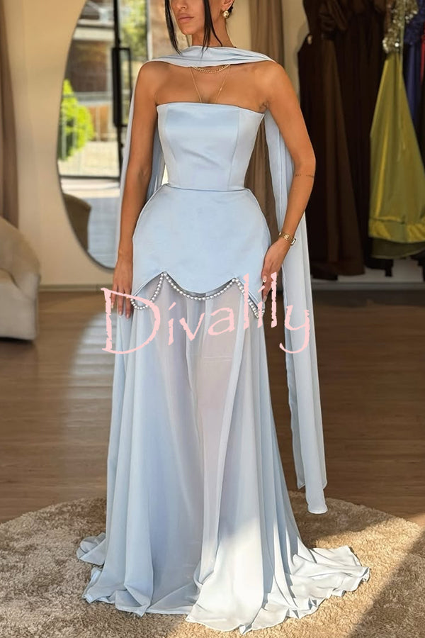 Jiya Satin Petal Hem Pearl Detail Chiffon Cape Strapless Maxi Dress