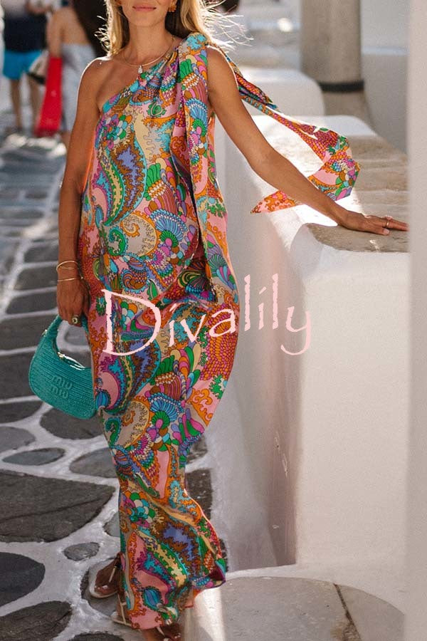 Rainbow Breeze Satin Unique Print Bow One Shoulder Loose Maxi Dress