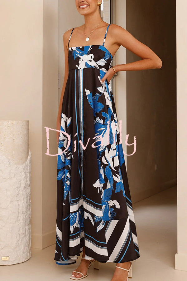 Botanical Print Square Neck Suspender Casual Full Hem Maxi Dress