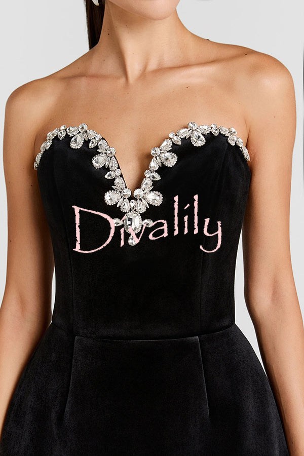 Ines Luxurious Velvet Jewel-encrusted Sweetheart Off Shoulder Neck Tulip Stretch Mini Dress