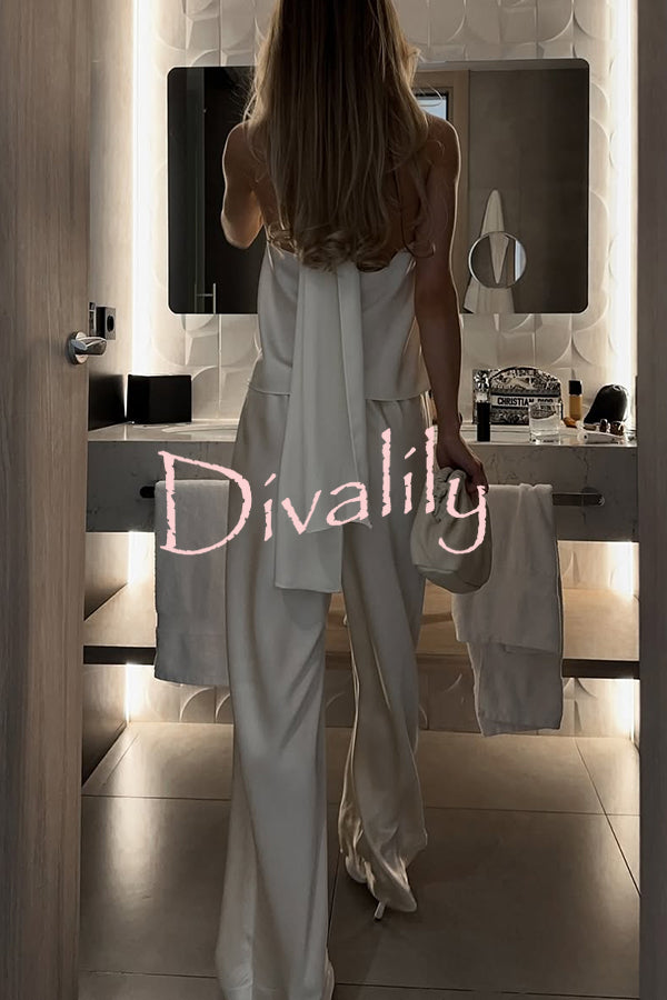 Modern Day Glam Satin Halter Tie-up Tank and Elastic Waist Wide Leg Pants Set