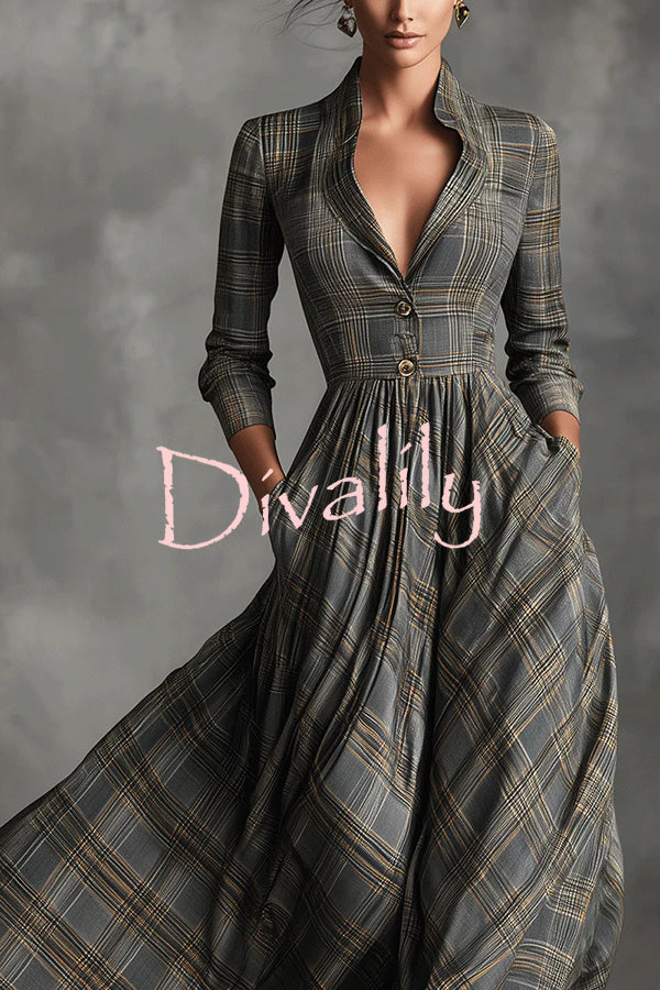Plaid Print Long Sleeve Slim Fit Casual Pocket Maxi Dress