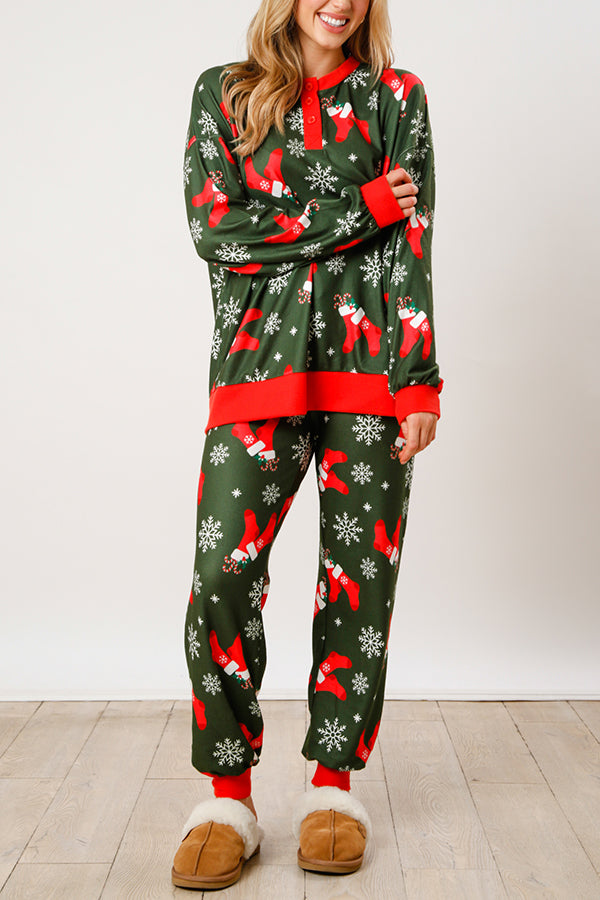 Christmas Print Button Long Sleeve Top and Elastic Waist Tie Pocket Pants Set