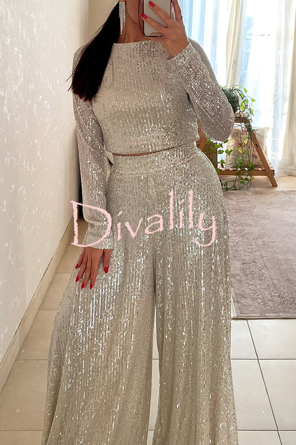 Fashionable Shiny Sequined Long-Sleeved Cropped Top and Casual Wide-Leg Pants Set