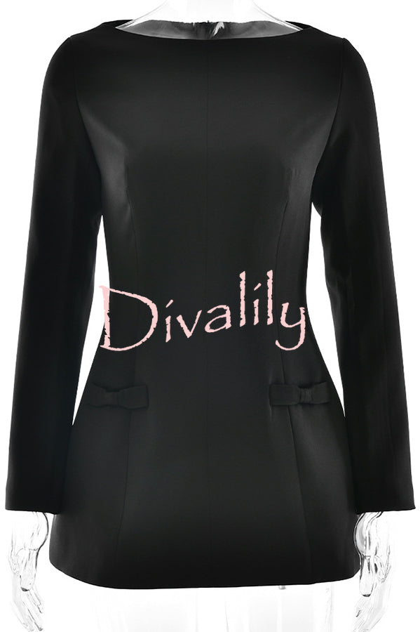 Budding Elegance Bow Detail Boat Neck Long Sleeve Mini Dress