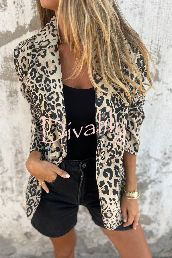 Leopard Print Lapel Long Sleeve Casual Blazer