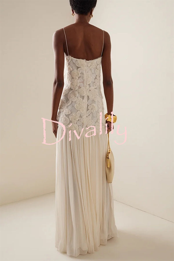 Indulge in Floral Applique Pleated Chiffon Hem Slip Maxi Dress